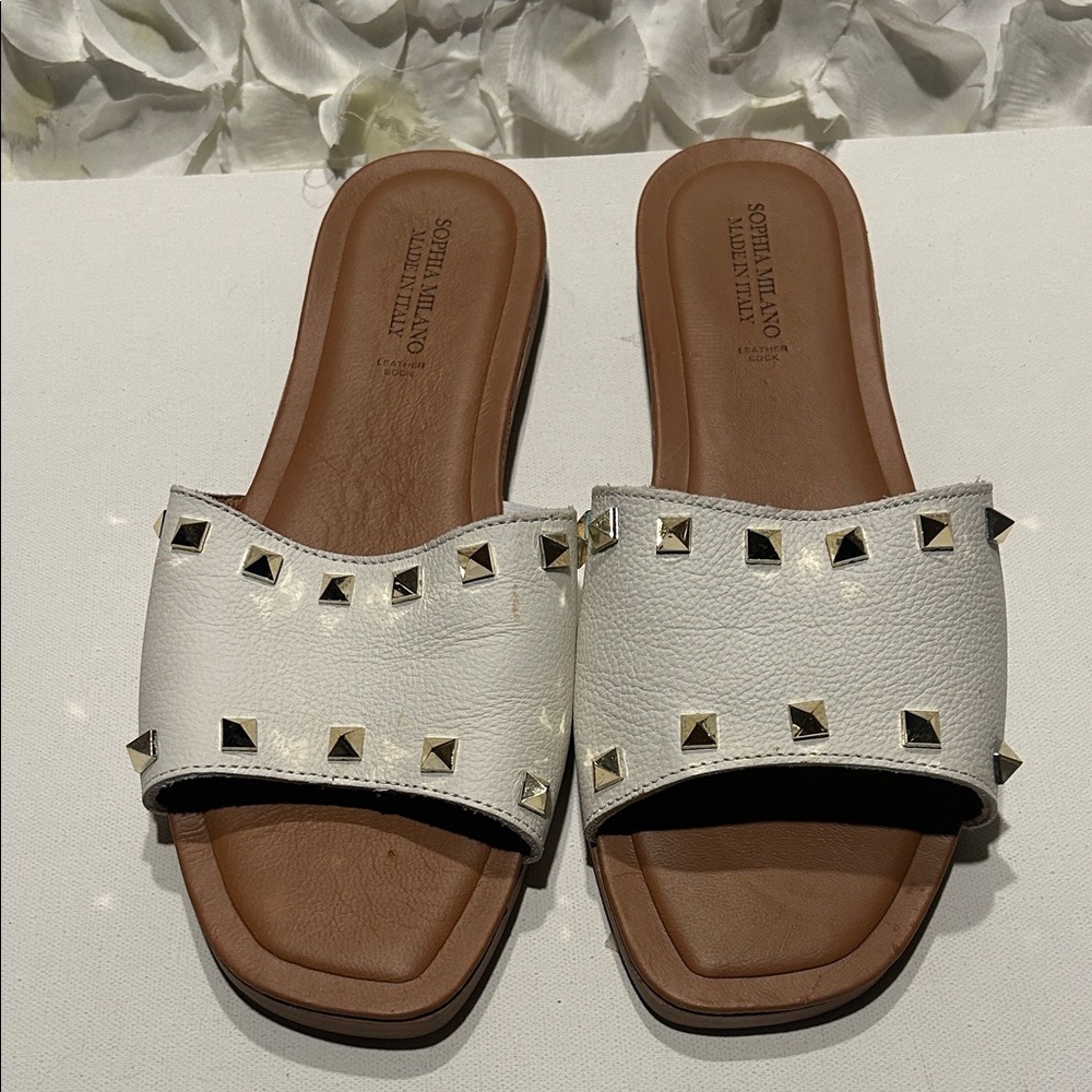 White Studded Leather Slide Sandals - Söfft Milano